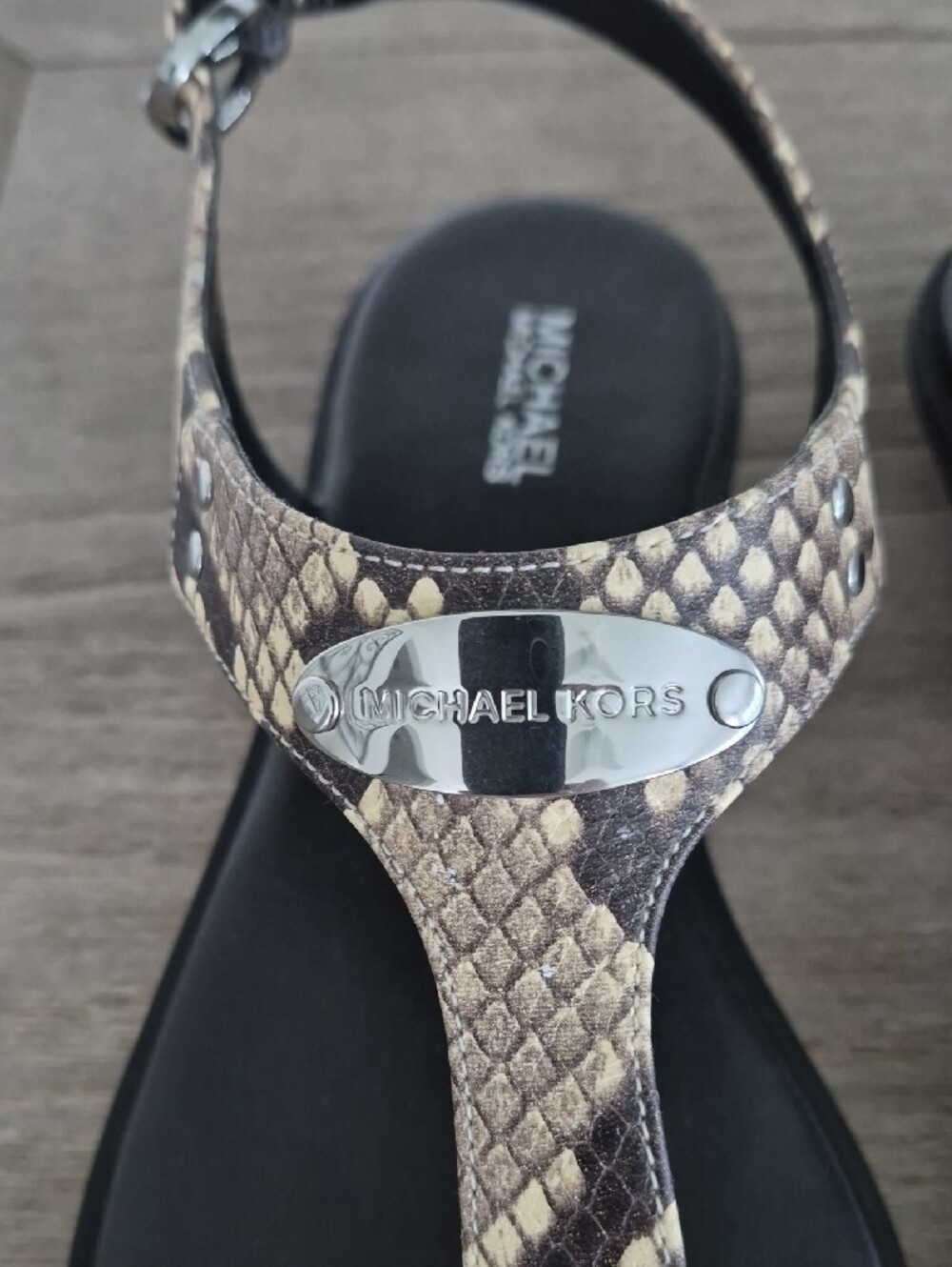 Michael Kors Snake-Print T-Strap Sandals in Black and Brown - Picture 2 of 8